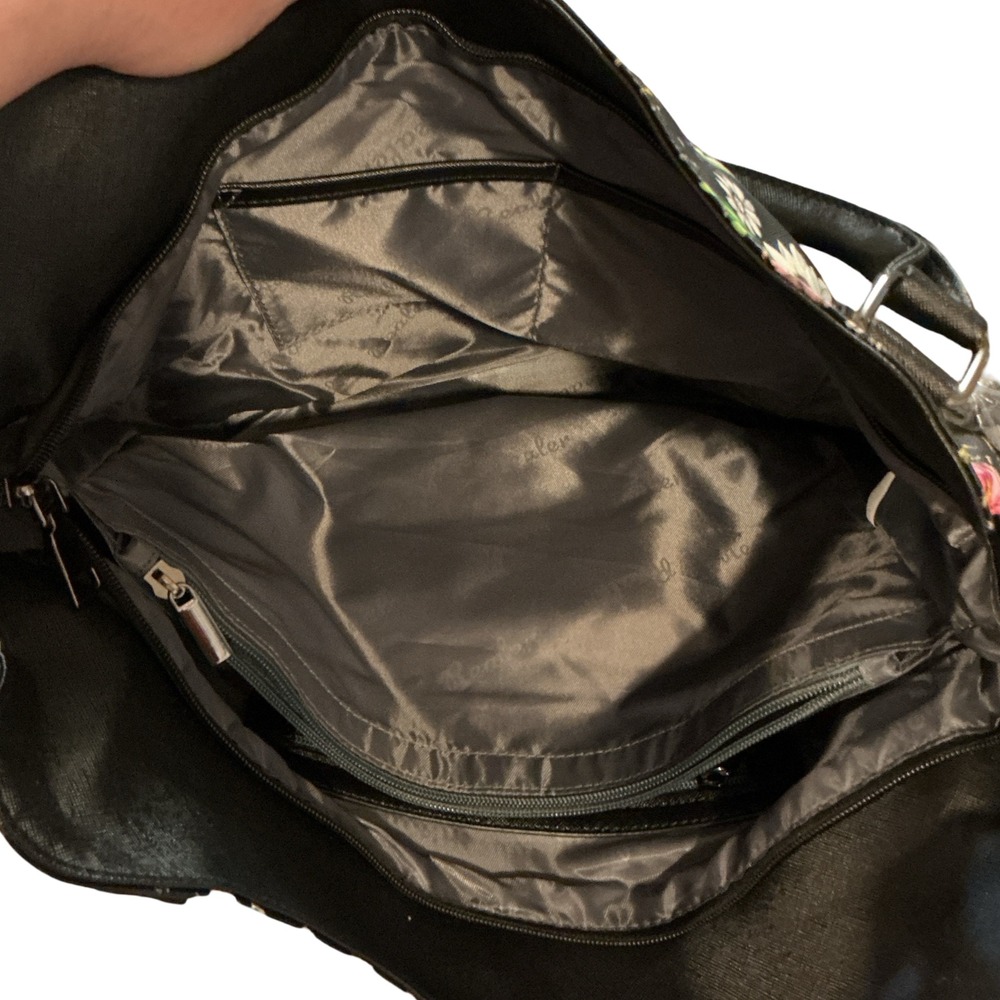 Realer Floral Butterfly Black Faux Leather Hobo Tote Shoulder Bag with Pouch - Picture 7 of 9